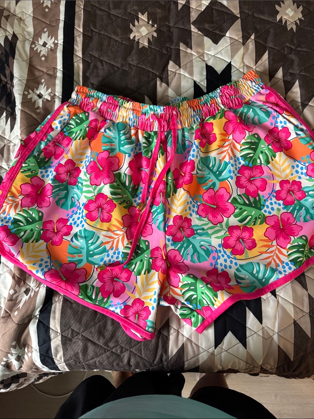 Vibrant Tropical Swim Shorts with Hibiscus Print